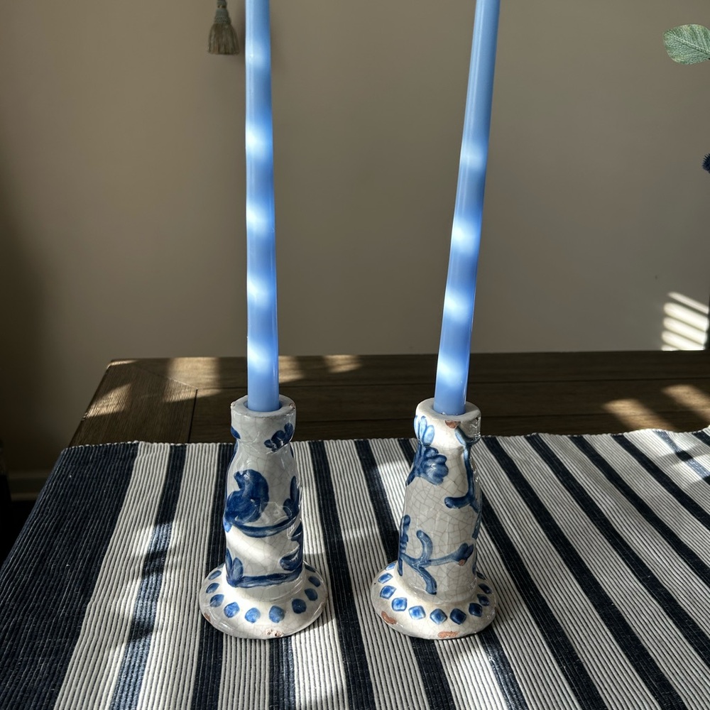 Pottery Barn Blue & White Montrose Ceramic Candle Holders